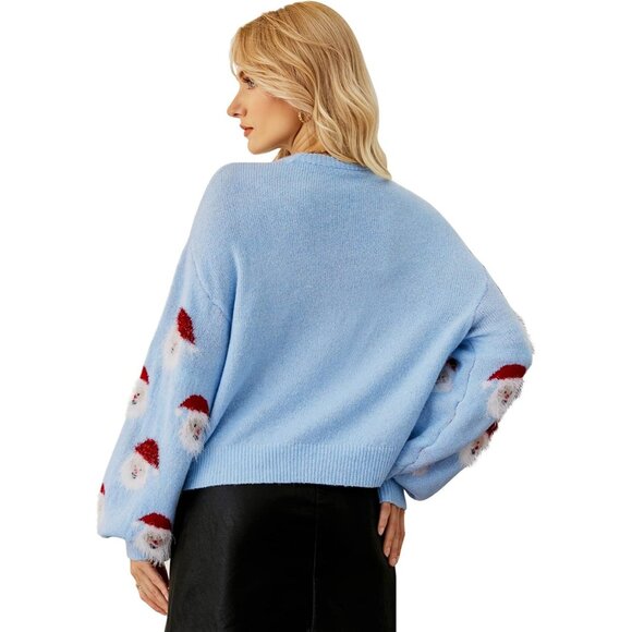 Women's Ugly Christmas Blue Sweater Funny Santa Knit Pullover Holiday Party Top - Picture 3 of 5
